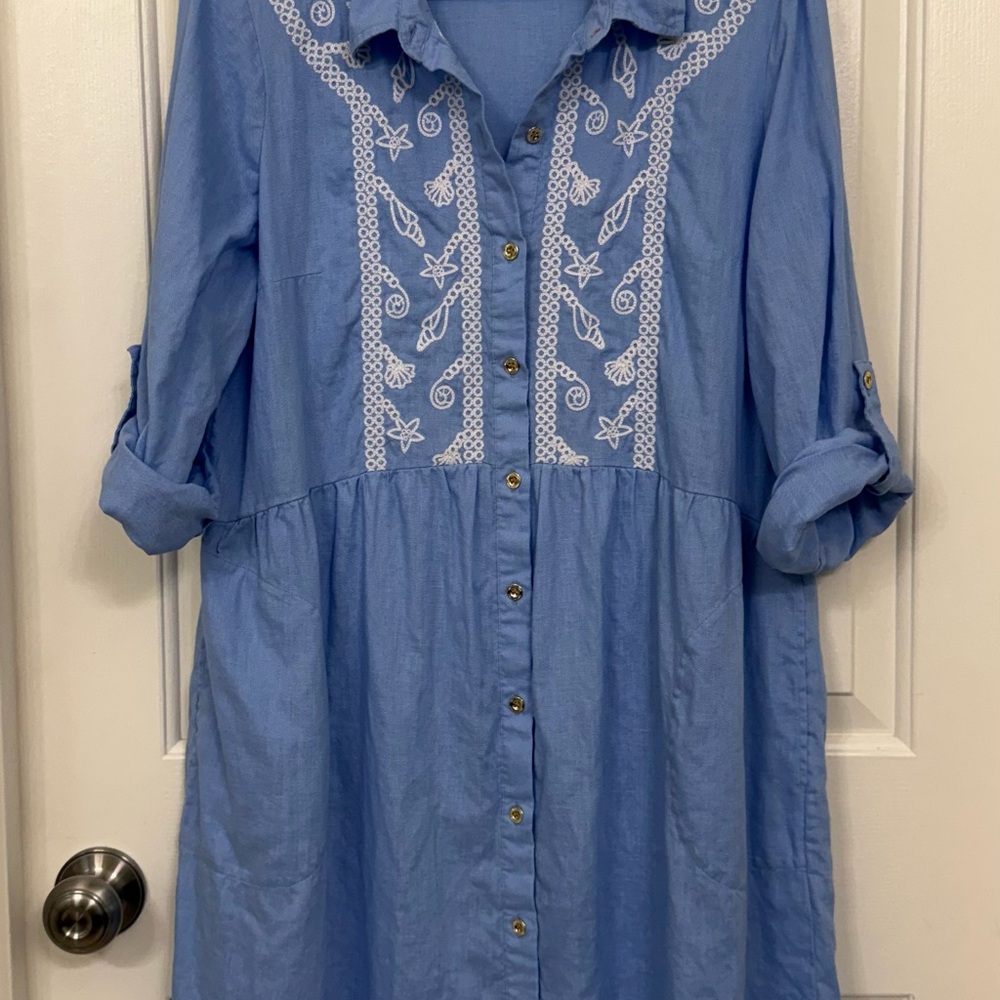 Blue Linen Embroidered Button-Up Dress with Lining
